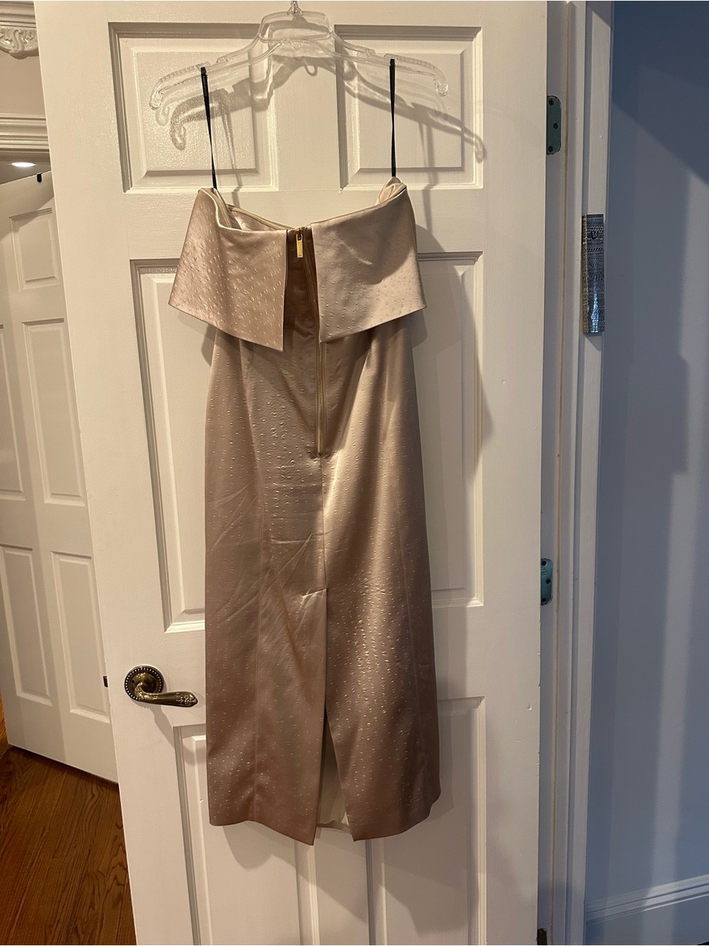 Karen Millen Champagne Satin Strapless Midi Skirt with Front Zip